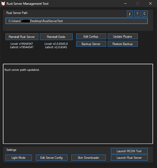 Main view after selecting the Rust server folder image
